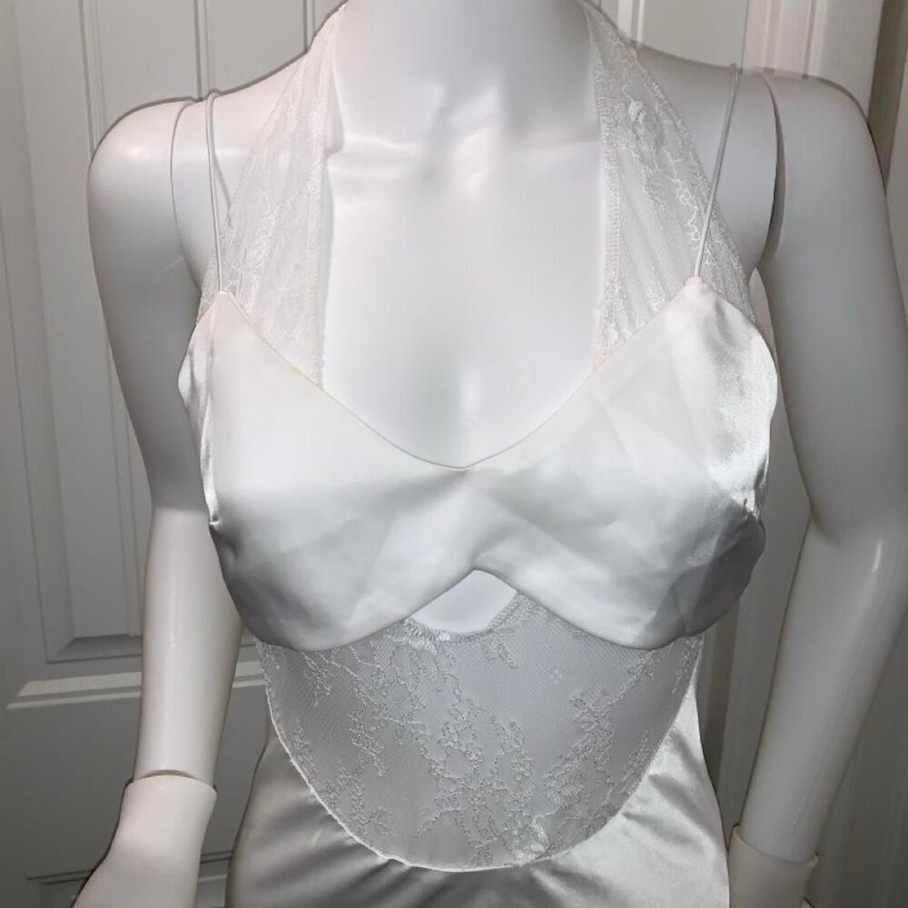 Miss Rosier White Satin Halter Neck Maxi Formal or Wedding Dress Lace Trim NWT